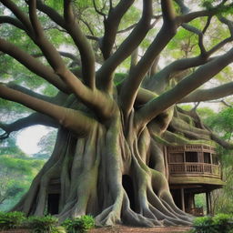 A big banyan tree with thick aerial roots that intertwine and merge to form a large house at the very top of the tree