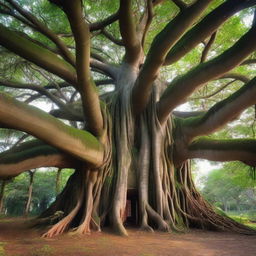 A big banyan tree with thick aerial roots that intertwine and merge to form a large house at the very top of the tree