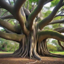 A big banyan tree with thick aerial roots that intertwine and merge to form a large house at the very top of the tree