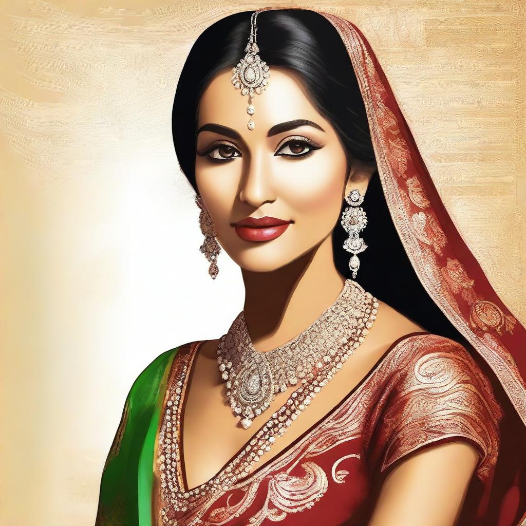 Create an artistic representation of a beautiful Indian woman with traditional attire, showcasing her cultural heritage