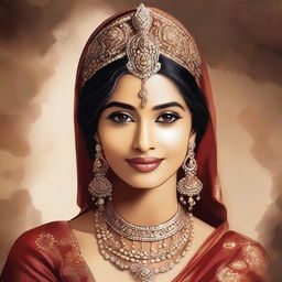 Create an artistic representation of a beautiful Indian woman with traditional attire, showcasing her cultural heritage