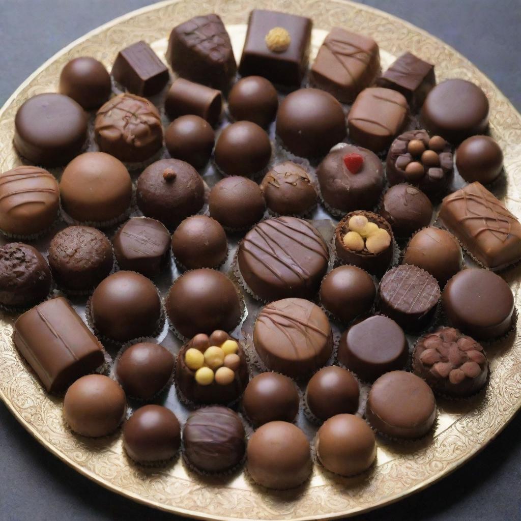 A delectable assortment of various types of chocolates, decorated beautifully on a platter