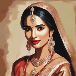 Create an artistic representation of a beautiful Indian woman with traditional attire, showcasing her cultural heritage