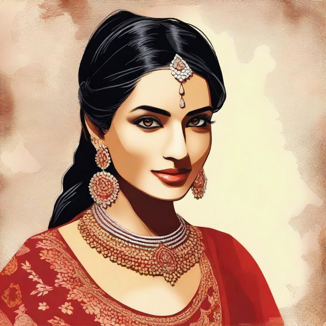 Create an artistic representation of a beautiful Indian woman with traditional attire, showcasing her cultural heritage