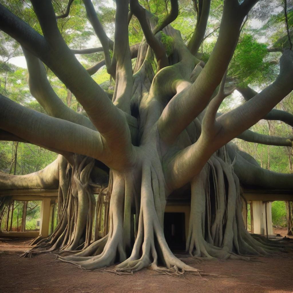 A big banyan tree with thick aerial roots that intertwine and merge to form a large house crowning the very top of the tree