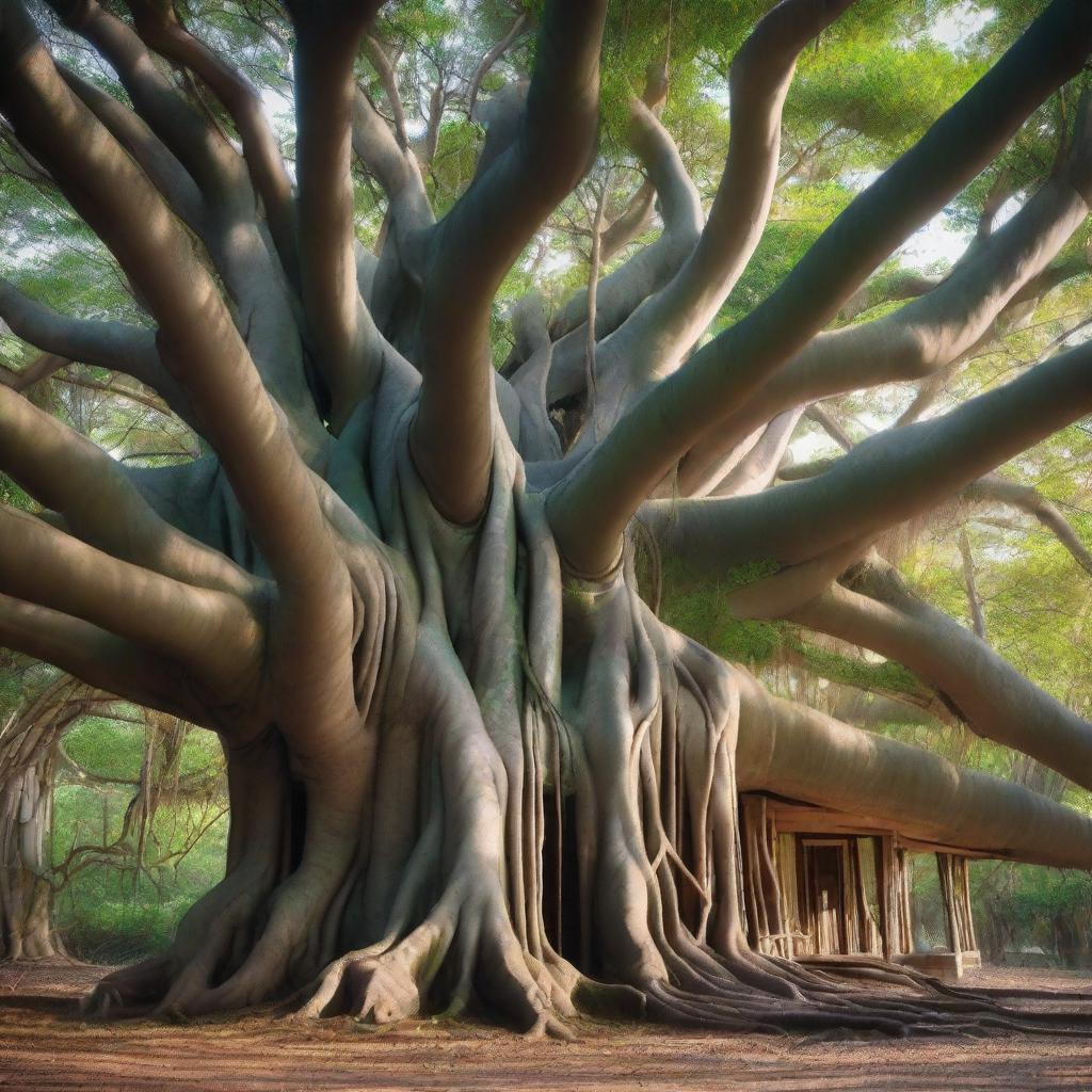 A big banyan tree with thick aerial roots that intertwine and merge to form a large house crowning the very top of the tree