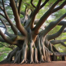 A big banyan tree with thick aerial roots that intertwine and merge to form a large house crowning the very top of the tree