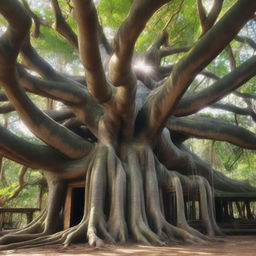 A big banyan tree with thick aerial roots that intertwine and merge to form a large house crowning the very top of the tree