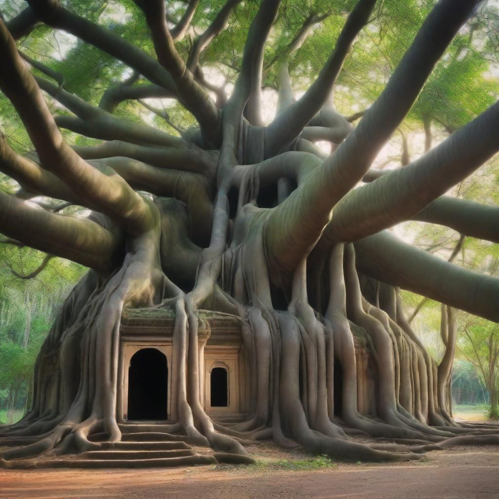 A big banyan tree with thick aerial roots that intertwine and merge to form a large house crowning the very top of the tree