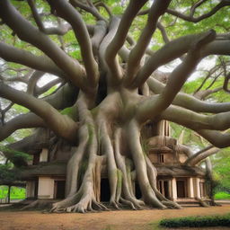 A big banyan tree with thick aerial roots that intertwine and merge to form a large house crowning the very top of the tree