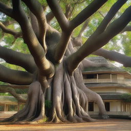A big banyan tree with thick aerial roots that intertwine and merge to form a large house crowning the very top of the tree