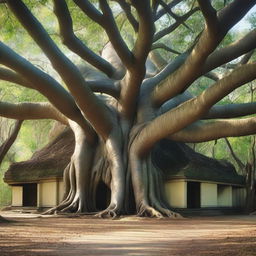 A big banyan tree with thick aerial roots that intertwine and merge to form a large house crowning the very top of the tree