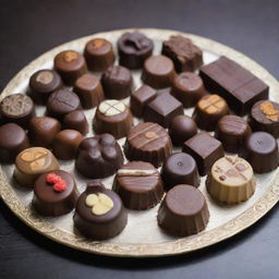 A delectable assortment of various types of chocolates, decorated beautifully on a platter