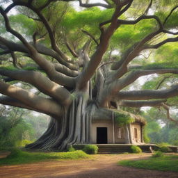 A giant banyan tree with a single house crowning the very top