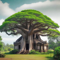 A giant banyan tree with a single house crowning the very top