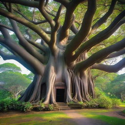 A giant banyan tree with a single house crowning the very top