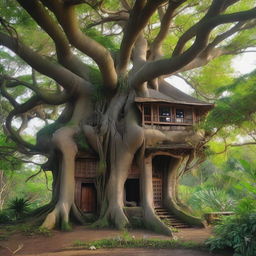 A large house made of intertwined branches perched on top of a banyan tree