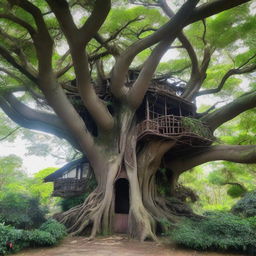 A large house made of intertwined branches perched on top of a banyan tree