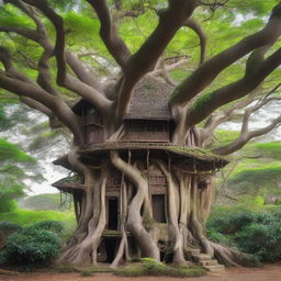 A large house made of intertwined branches perched on top of a banyan tree