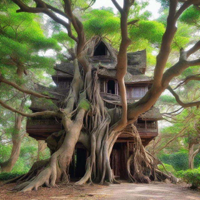 A large house made of intertwined branches perched on top of a banyan tree