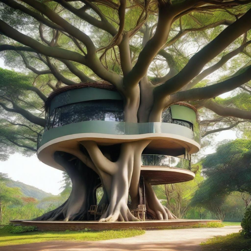 A large modern house made of intertwined branches perched on top of a banyan tree