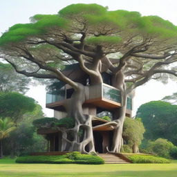 A large modern house made of intertwined branches perched on top of a banyan tree