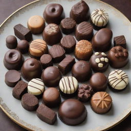 A delectable assortment of various types of chocolates, decorated beautifully on a platter