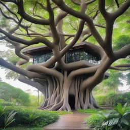 A large modern house made of intertwined branches perched on top of a banyan tree