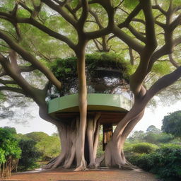 A large modern house made of intertwined branches perched on top of a banyan tree