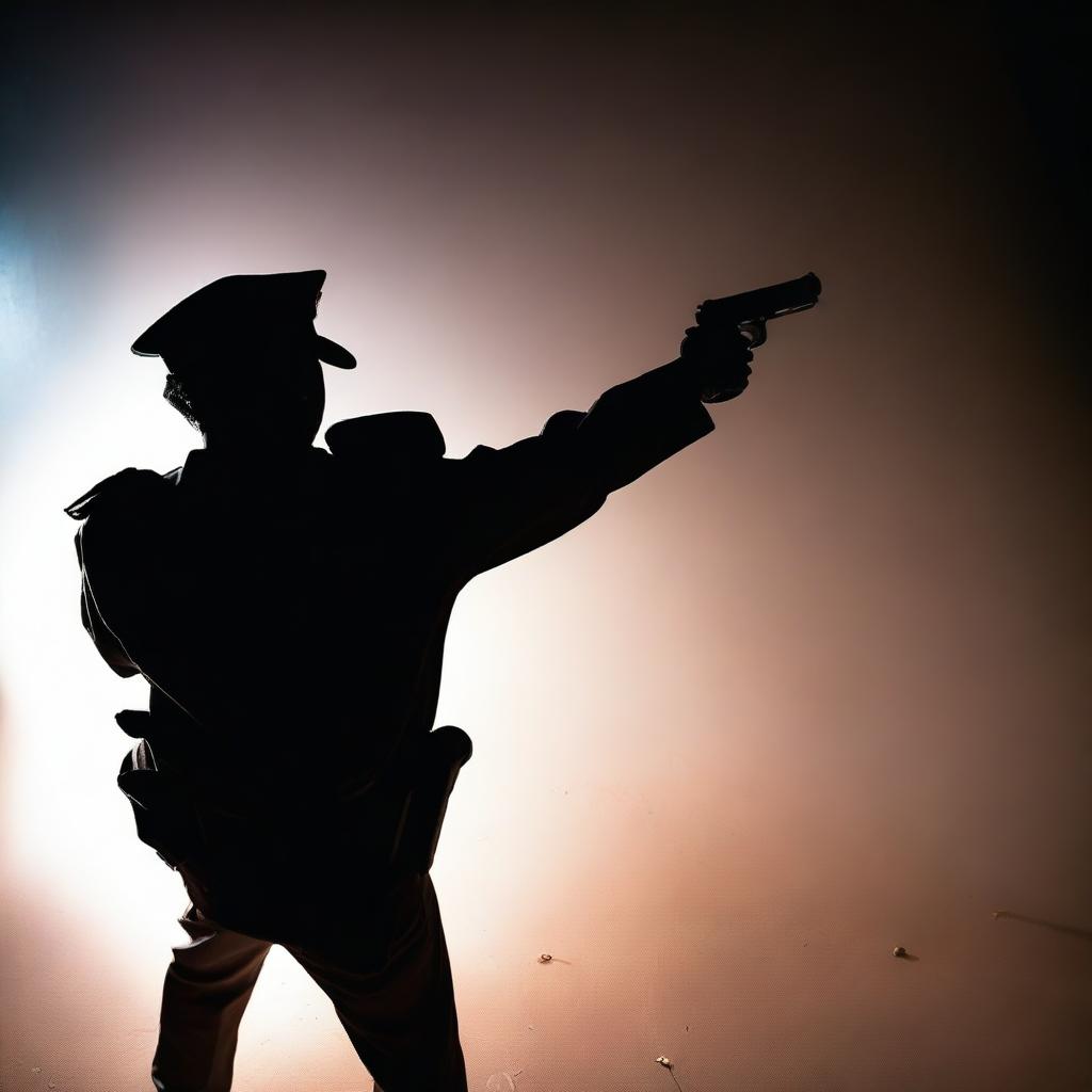 High angle back view of an Indian policeman with a gun shooting in darkness