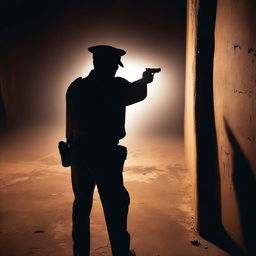 High angle back view of an Indian policeman with a gun shooting in darkness