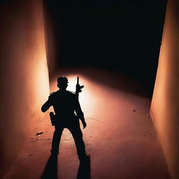 High angle back view of an Indian policeman with a gun shooting in darkness