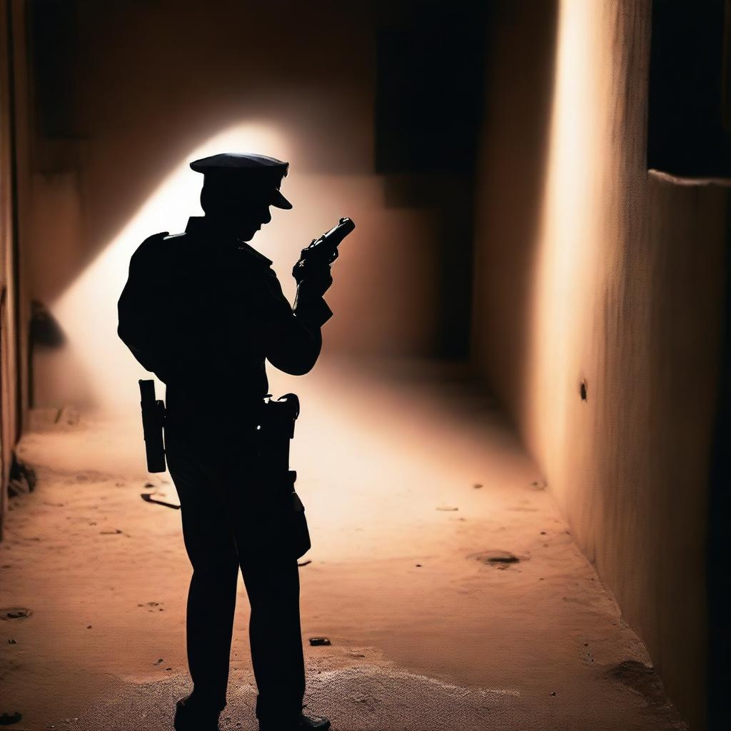 High angle back view of an Indian policeman with a gun shooting in darkness