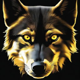 A dark black background featuring glowing yellow wolf eyes