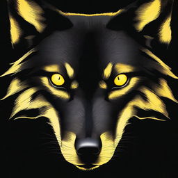 A dark black background featuring glowing yellow wolf eyes