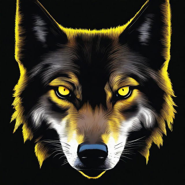 A dark black background featuring glowing yellow wolf eyes