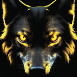 A dark black background featuring glowing yellow wolf eyes