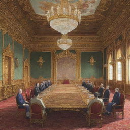 Anime-style illustration showing an ornate palace meeting room, with the king sitting at the far end of a long table and five individuals seated around it.