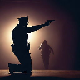 A back view of an Indian policeman shooting at a creature in darkness