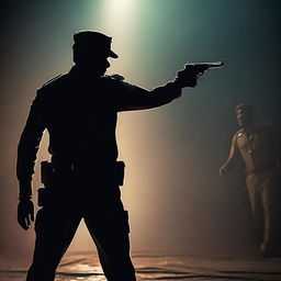 A back view of an Indian policeman shooting at a creature in darkness