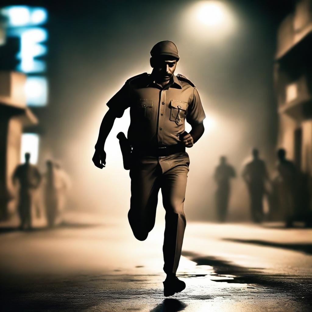 An Indian policeman running in darkness