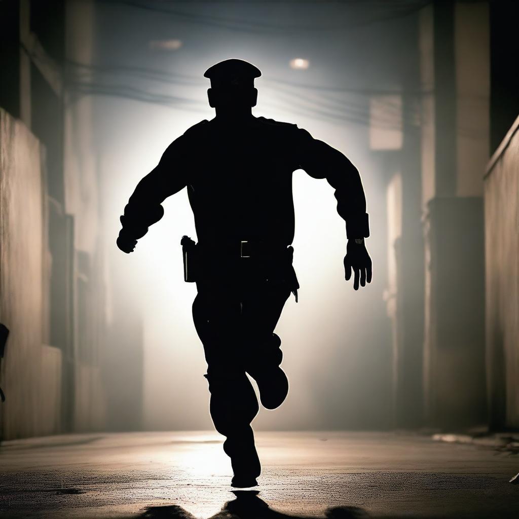 An Indian policeman running in darkness