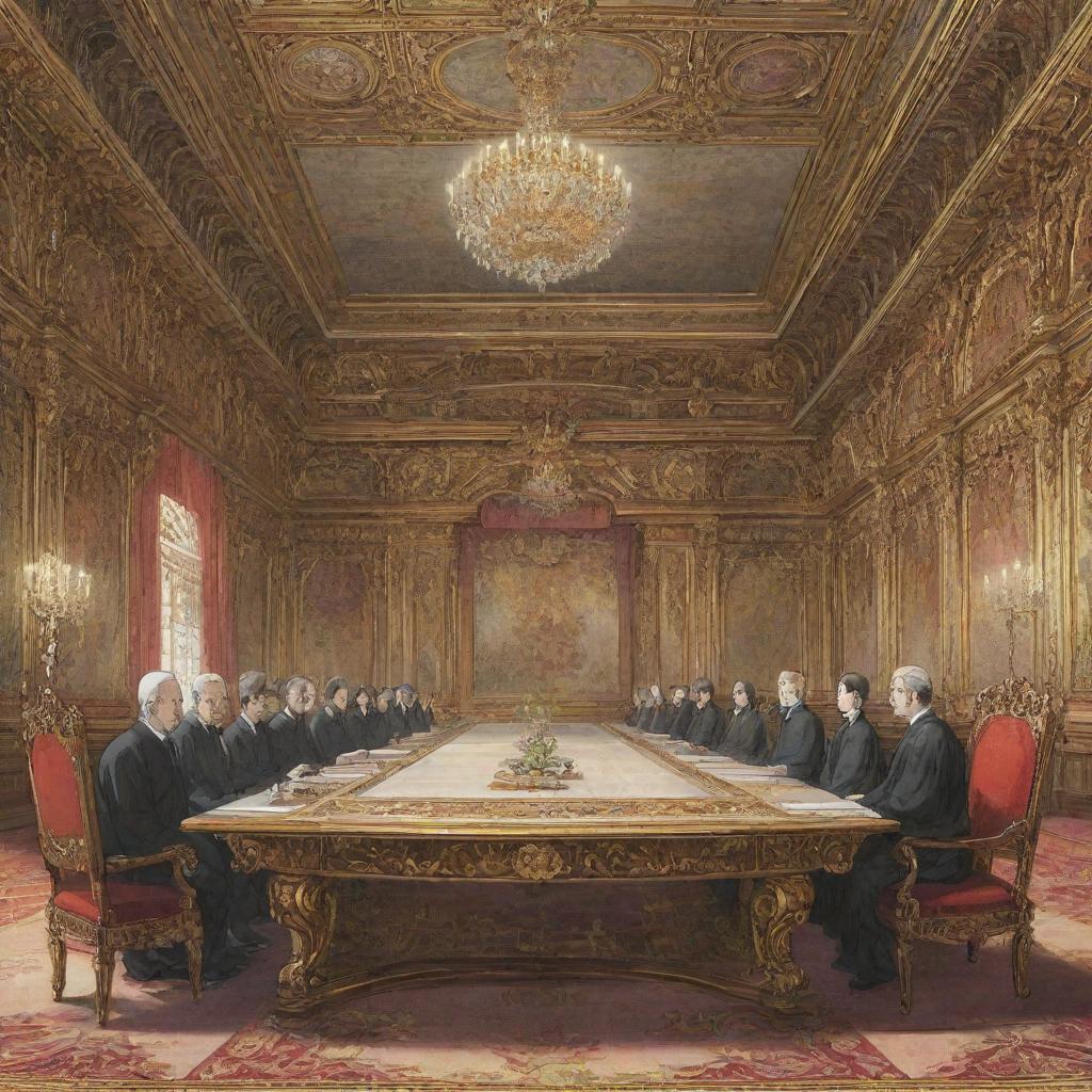 Anime-style illustration showing an ornate palace meeting room, with the king sitting at the far end of a long table and five individuals seated around it.