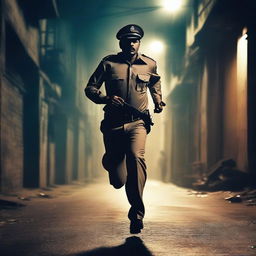 An Indian policeman running in darkness