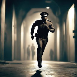 An Indian policeman running in darkness