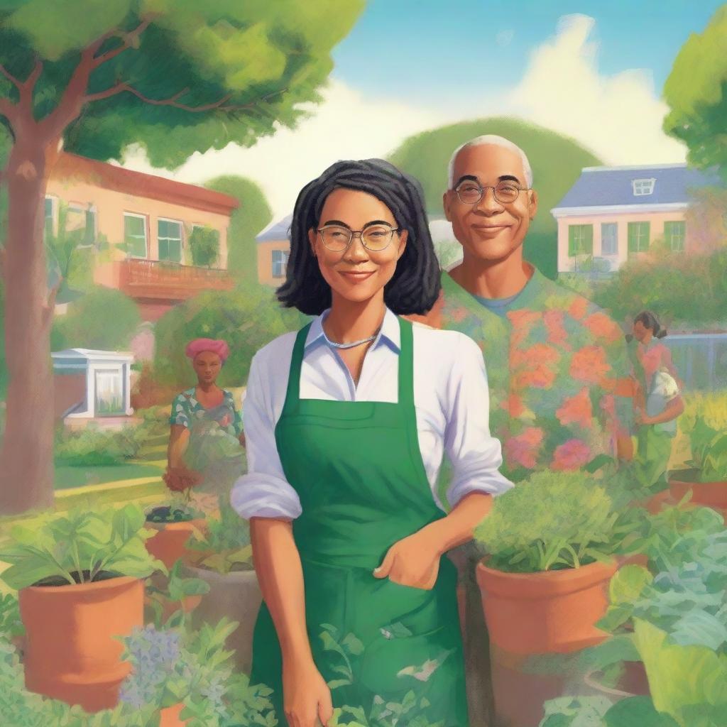 A novel cover illustration featuring Maya, a community gardener, and Kai, a visionary architect