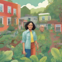 A novel cover illustration featuring Maya, a community gardener, and Kai, a visionary architect