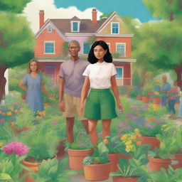 A novel cover illustration featuring Maya, a community gardener, and Kai, a visionary architect