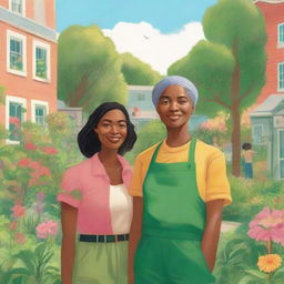 A novel cover illustration featuring Maya, a community gardener, and Kai, a visionary architect