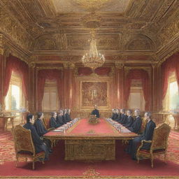 Anime-style illustration showing an ornate palace meeting room, with the king sitting at the far end of a long table and five individuals seated around it.